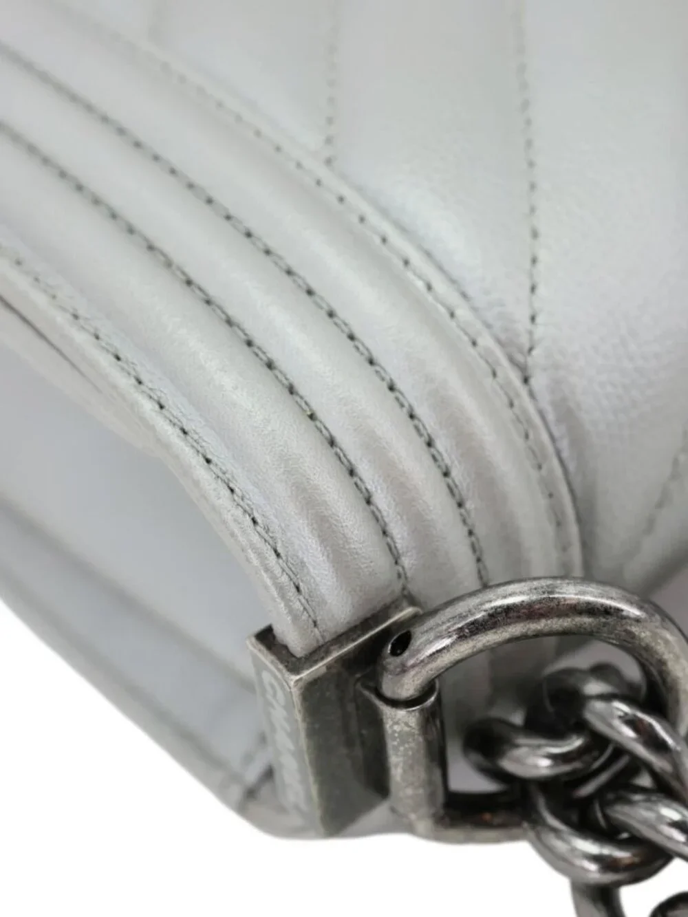 Chanel Boy Flap Medium Chevron Quilted Metallic Caviar Leather Crossbody Bag Si